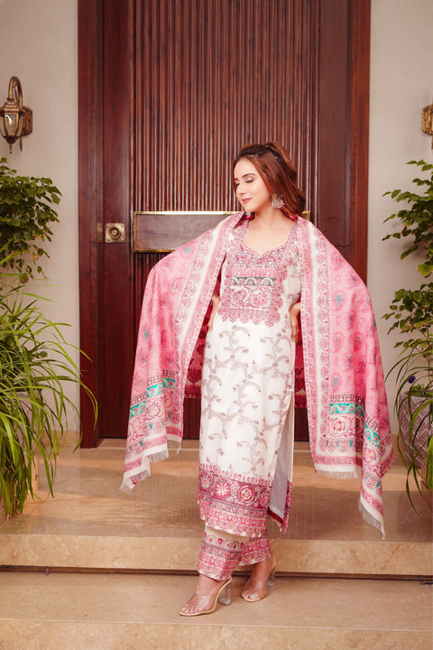Kidar Ethnic Weave & Embordered Straight Kurta with Pant & Dupatta - White