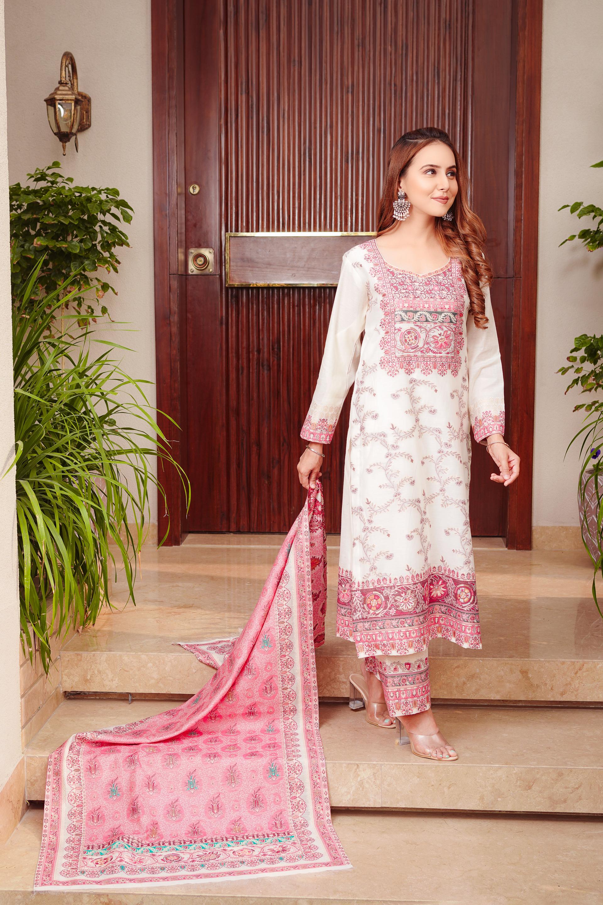 Kidar Ethnic Printed & Embrodered Straight Kurta with Pant & Dupatta - White