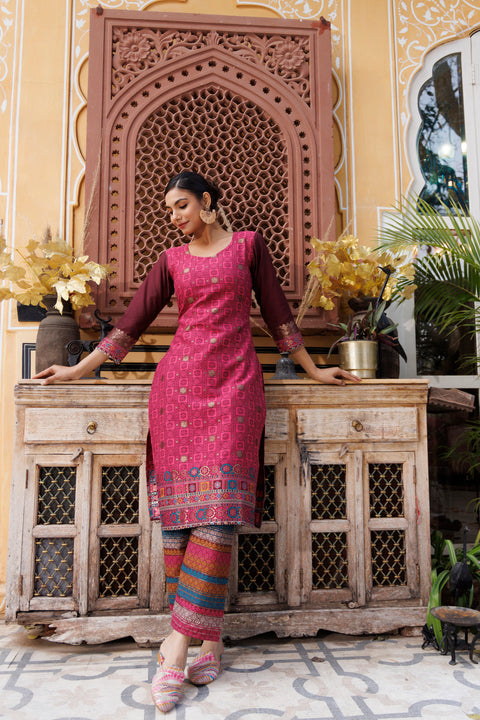 Kidar Ethnic Womens Long Kurti With Pant Set Cotton-Silk Fabric For Summer Wear
