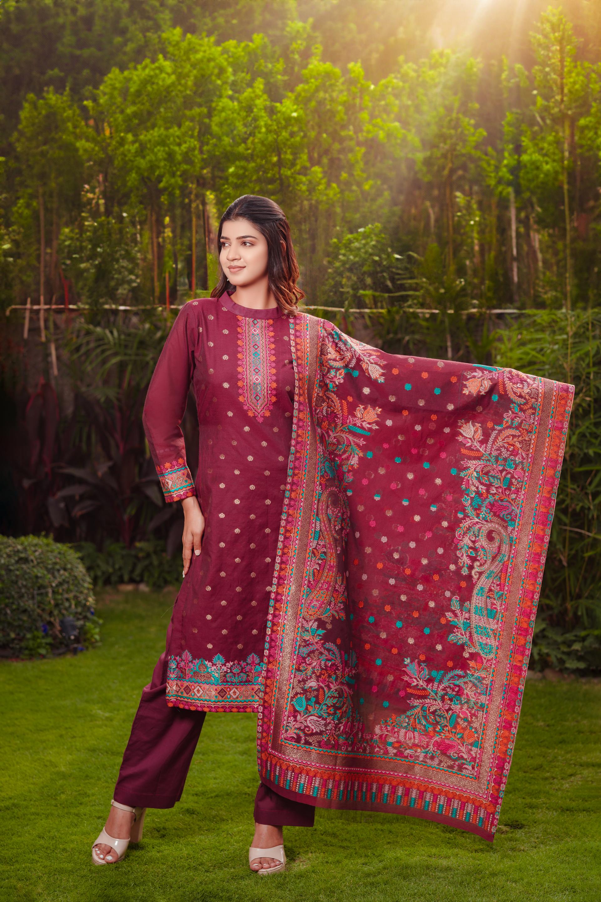 Kidar Floral Printed Kurta With Pants & Dupatta - Wine