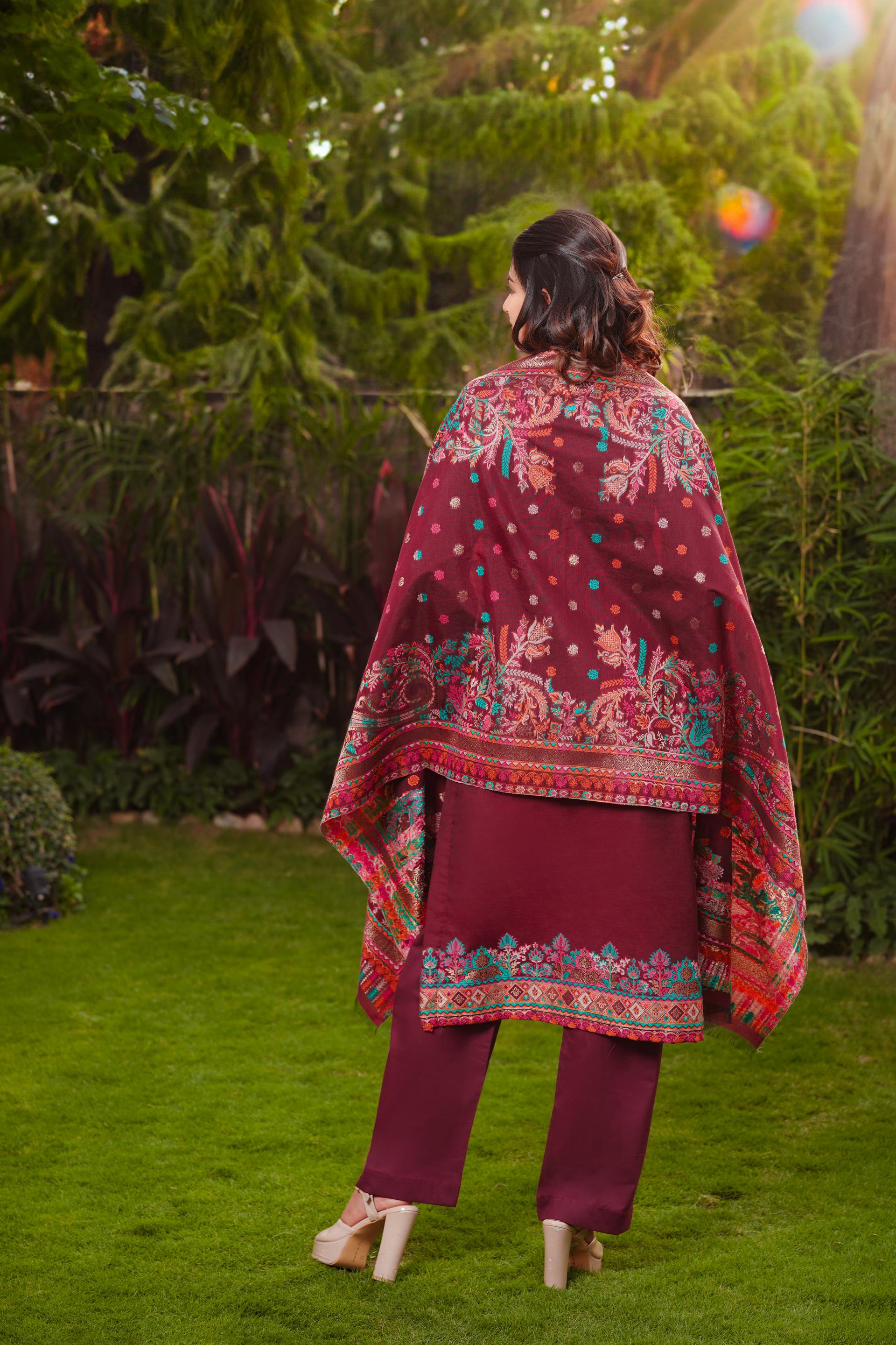 Kidar Floral Printed Kurta With Pants & Dupatta - Wine