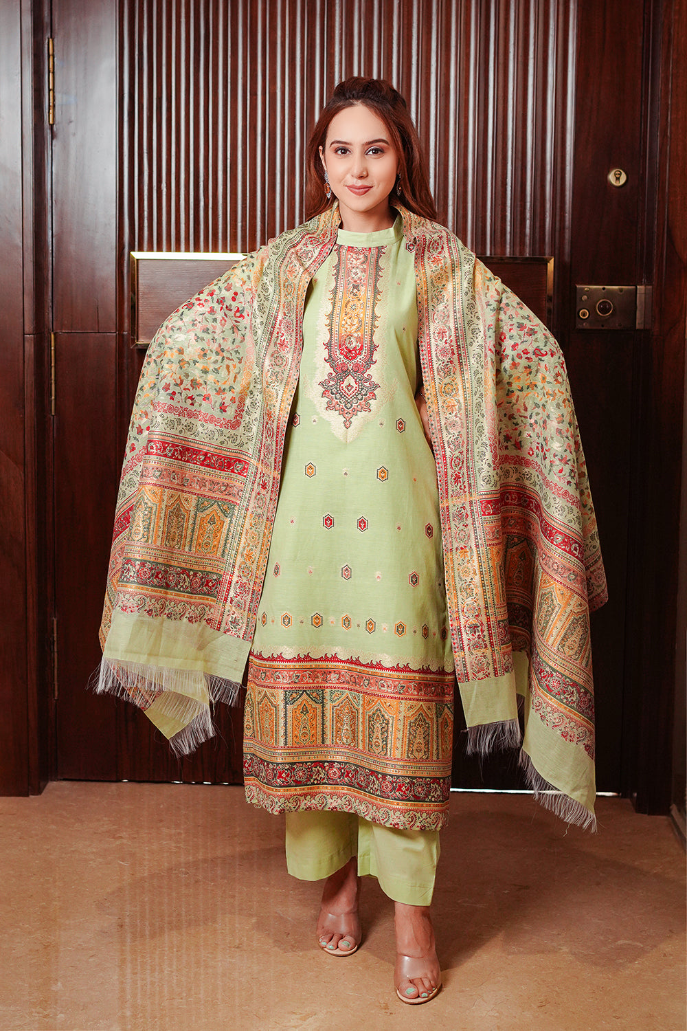 Kidar Ethnic Printed & Embrodered Straight Kurta with Pant & Dupatta - Pista