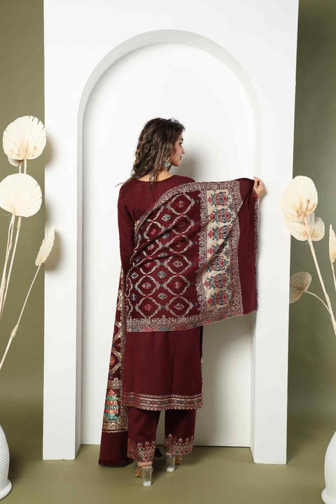 Kidar Sunehri Women's Unstitched Suit-Wine (Set of 3)