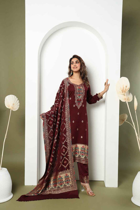Kidar Sunehri Women's Unstitched Suit-Wine (Set of 3)