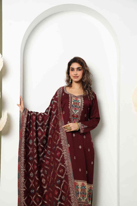 Kidar Sunehri Women's Unstitched Suit-Wine (Set of 3)