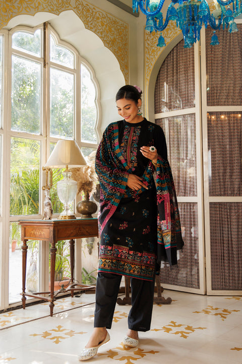 Kidar Elegant Black Pant Suit with Threadwork - Black