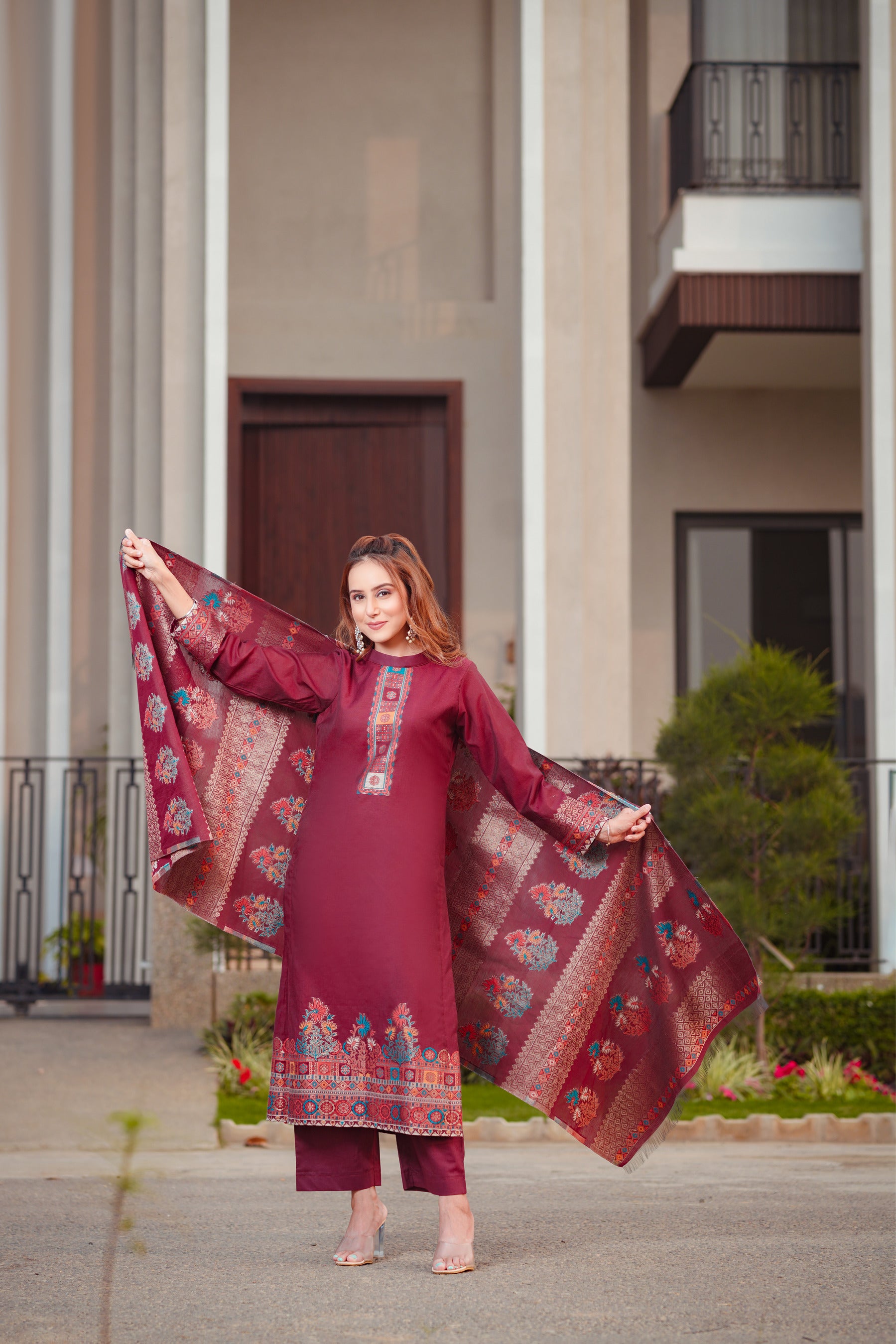 Kidar Ethnic Printed & Embrodered Straight Kurta with Pant & Dupatta - Wine