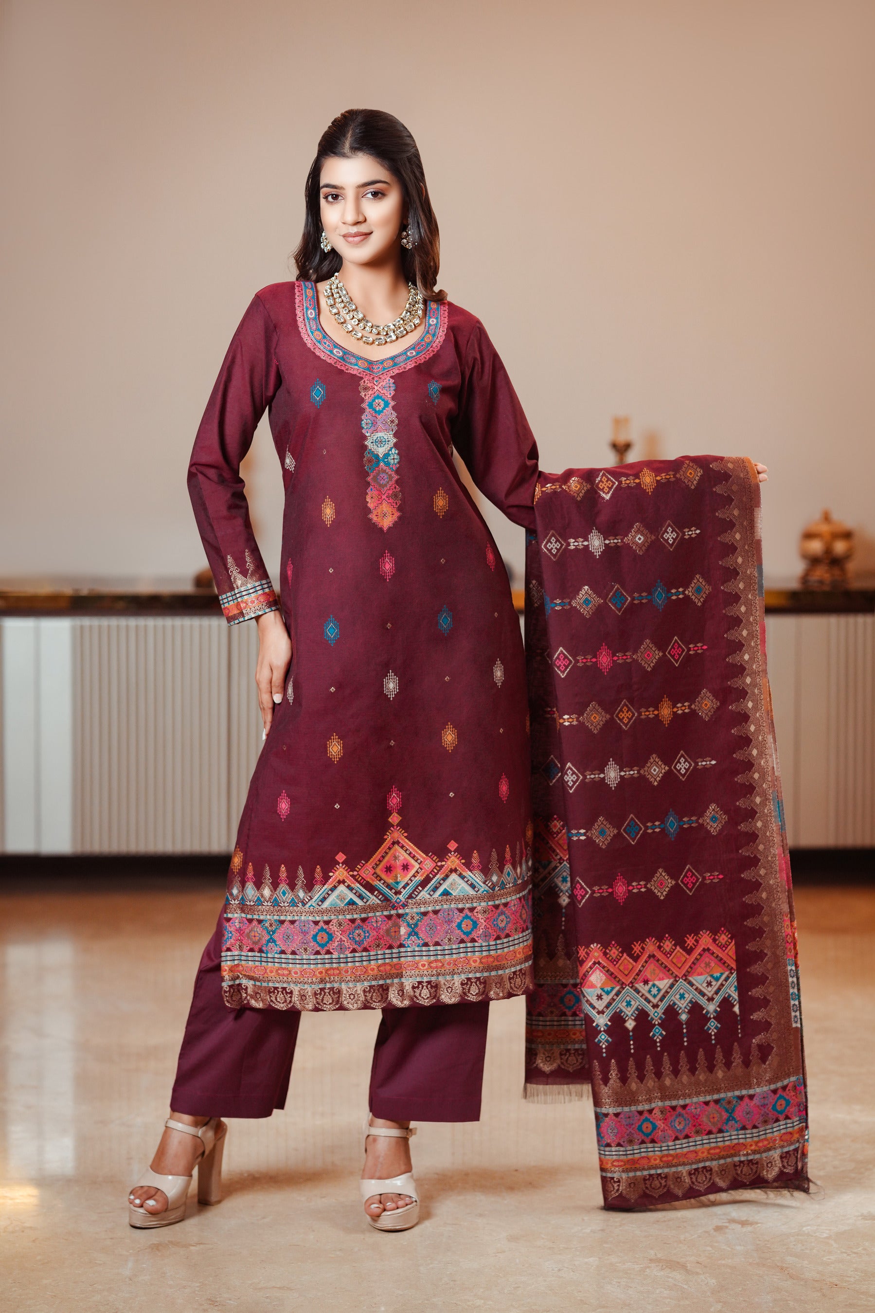 Kidar Floral Printed Kurta With Pants & Dupatta - Wine