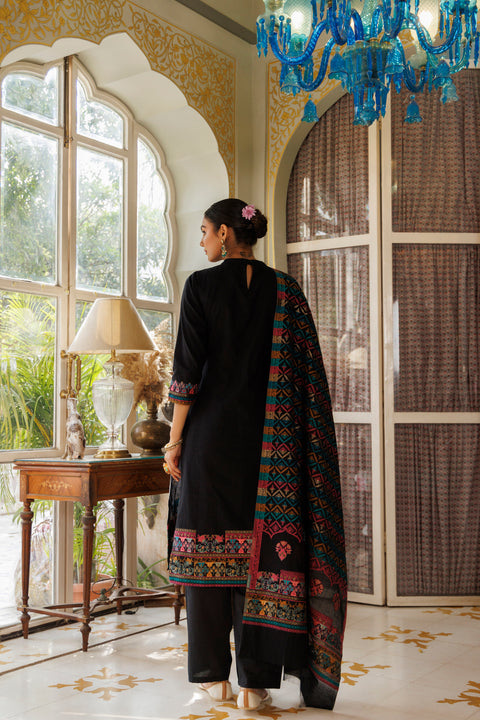 Kidar Elegant Black Pant Suit with Threadwork - Black