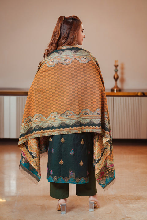 Kidar Ethnic Weave & Embordered Straight Kurta with Pant & Dupatta - B.green